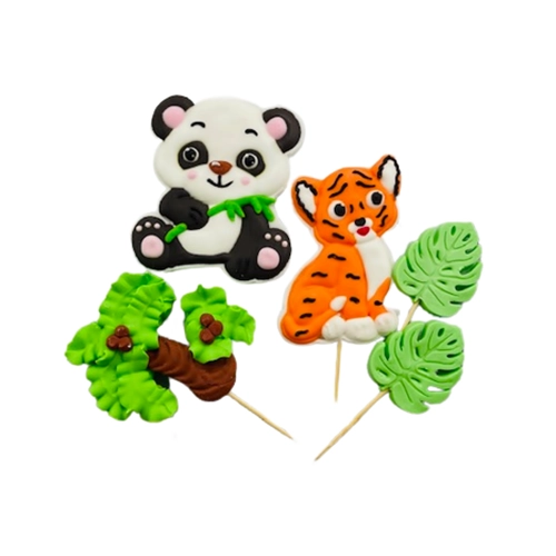 Figurki ozdoby na tort topper zwierzęta panda tygrys dekoracje urodzinowe zestaw cukrowy 5 sztuk